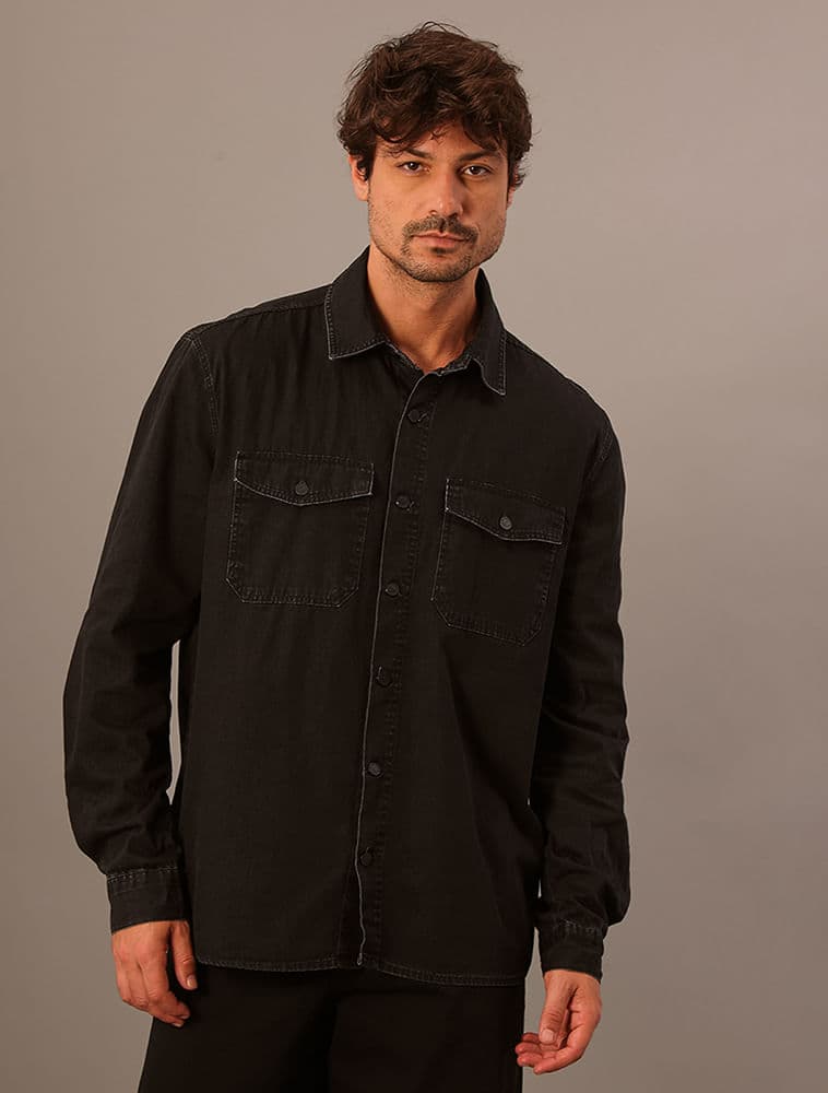 Camisa Jeans Manga Longa - Preto, vista 3