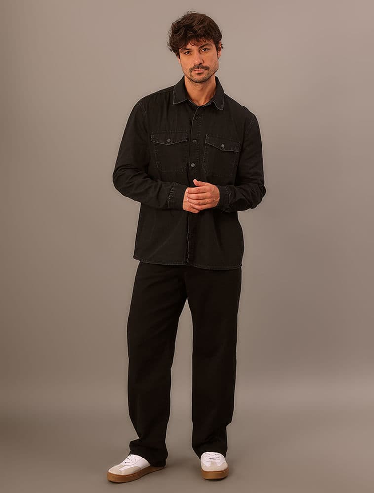 Camisa Jeans Manga Longa - Preto