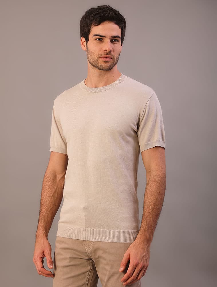 Camiseta Manga Curta Tricô - Caqui Claro