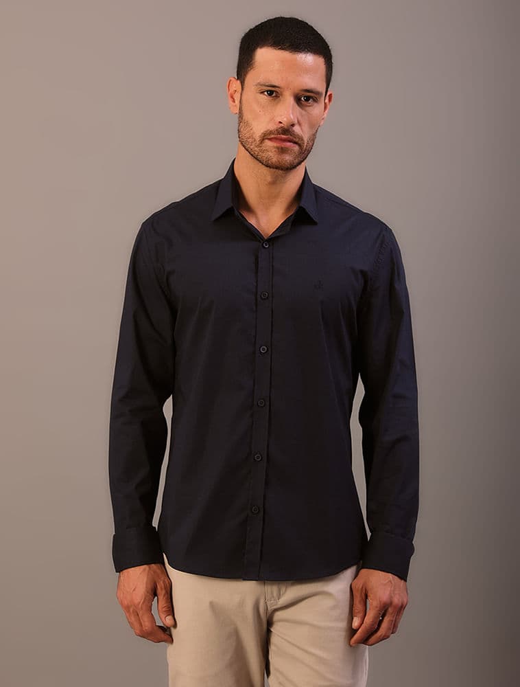 Camisa de Manga Longa Regular Estampa Bordada - Azul Marinho, vista 2
