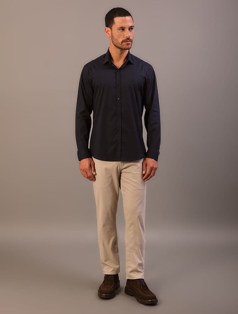 Camisa de Manga Longa Regular Estampa Bordada - Azul Marinho