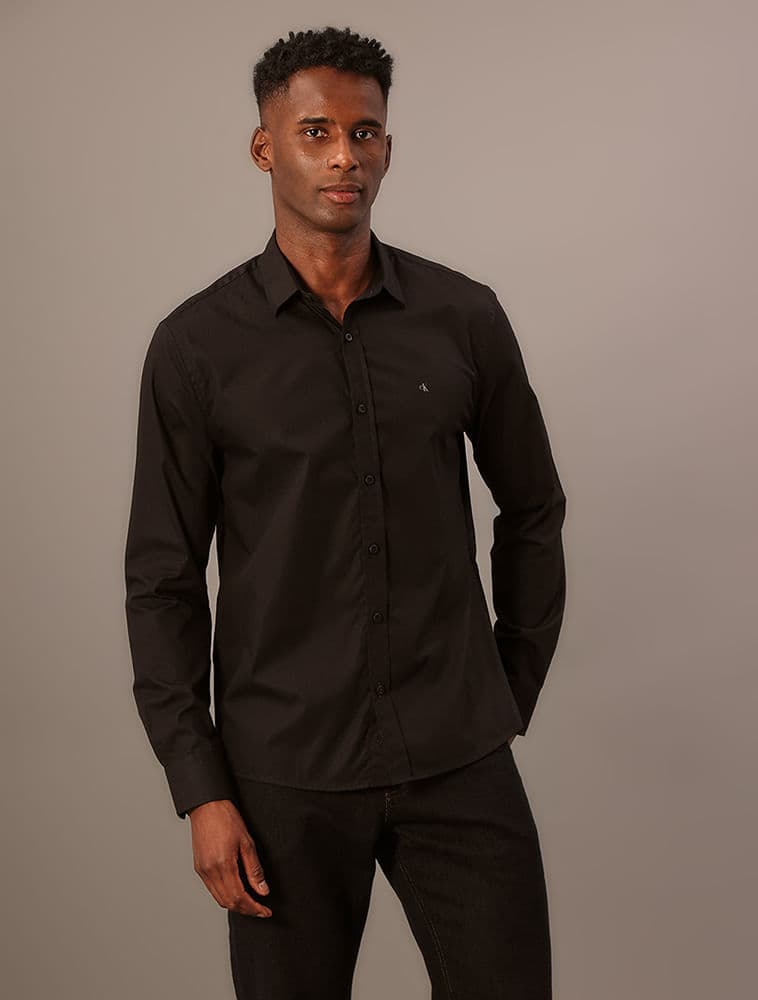 Camisa Manga Longa Regular Lisa Básica - Preto