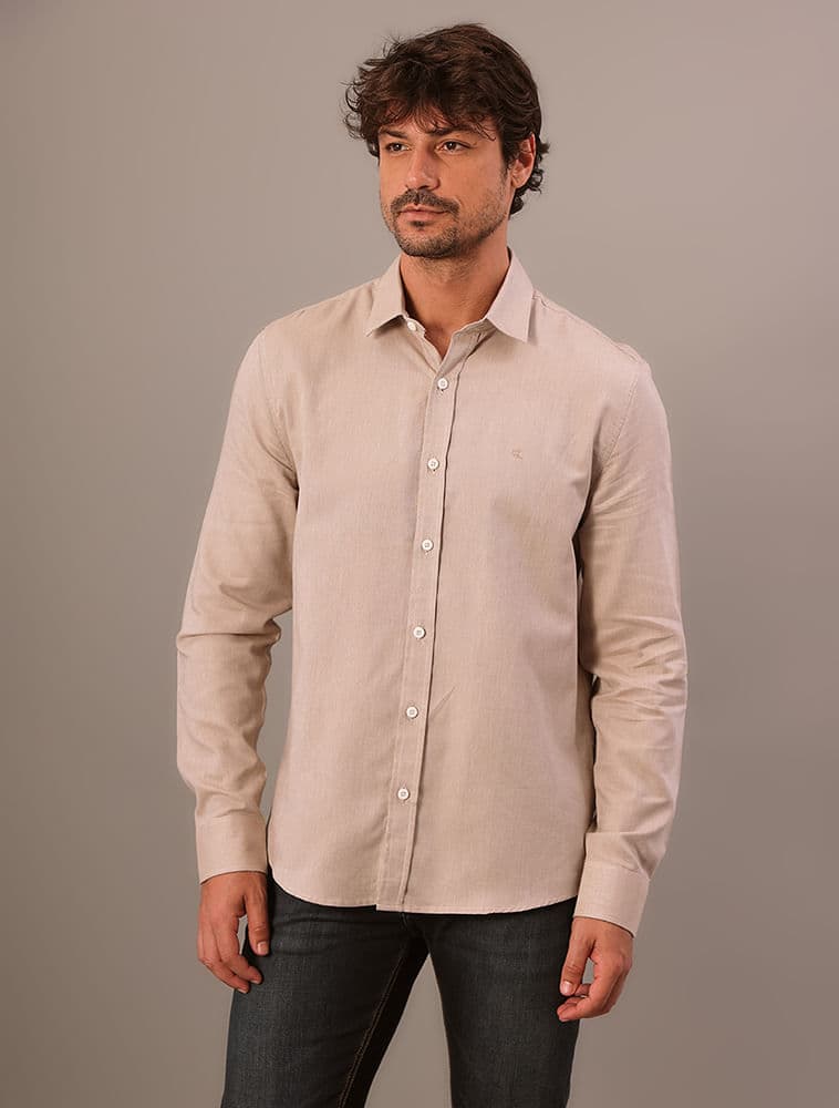 Camisa Manga Longa Regular Oxford Leve - Caqui Medio, vista 2