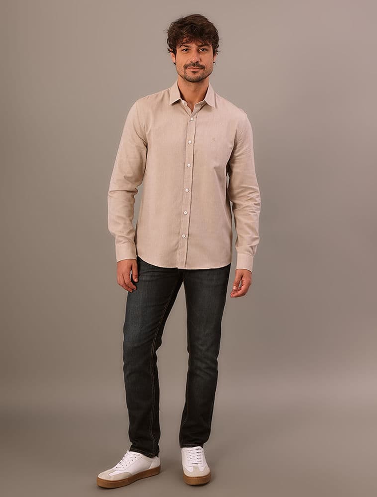Camisa Manga Longa Regular Oxford Leve - Caqui Medio