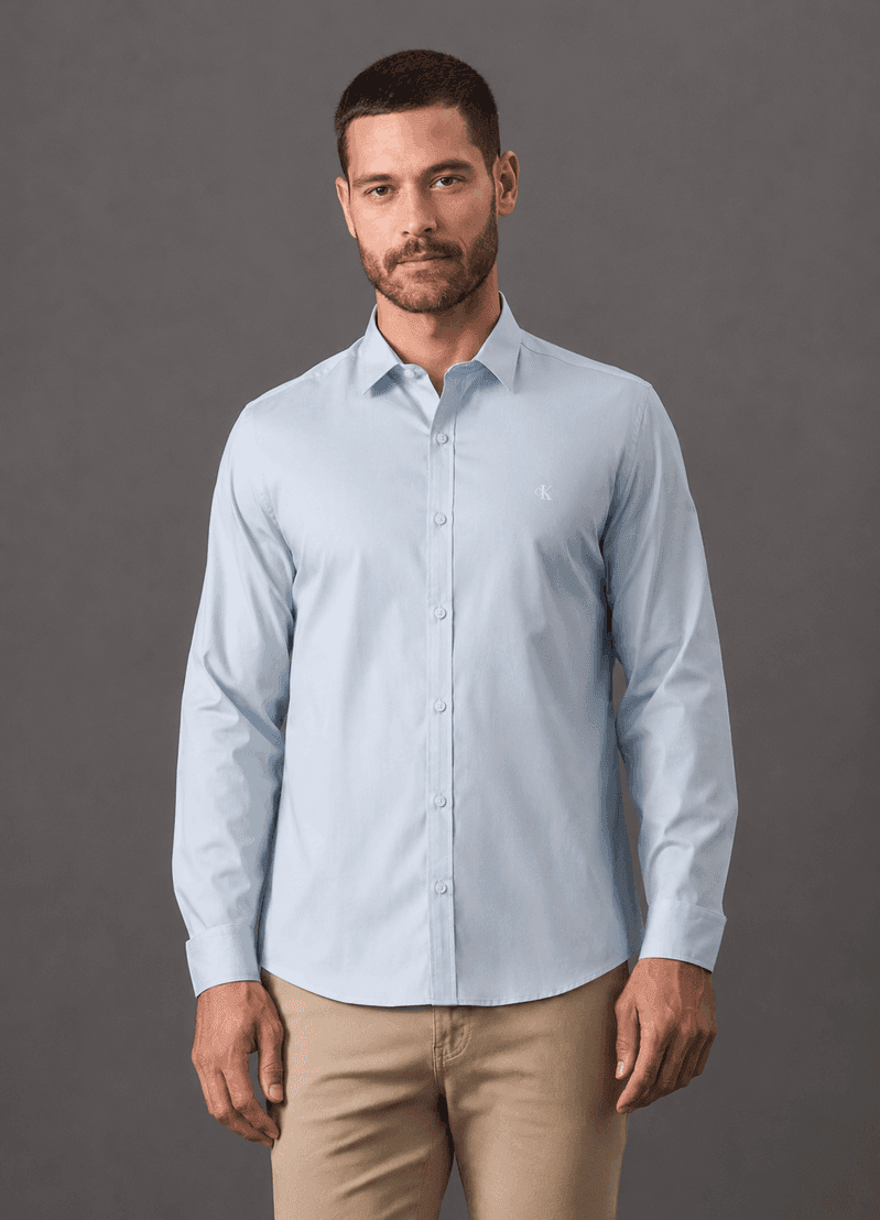 Camisa Slim Básica de Manga Longa - Azul Claro
