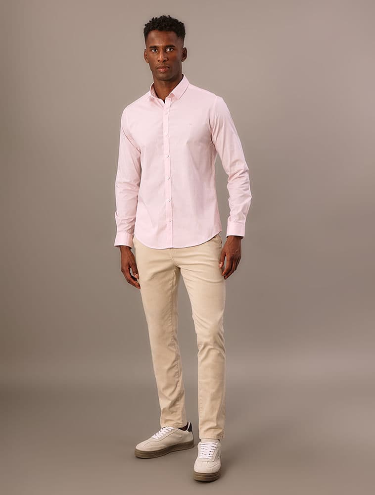 Camisa Slim Básica de Manga Longa - Rosa Claro